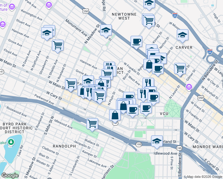 map of restaurants, bars, coffee shops, grocery stores, and more near 1502 Grove Avenue in Richmond