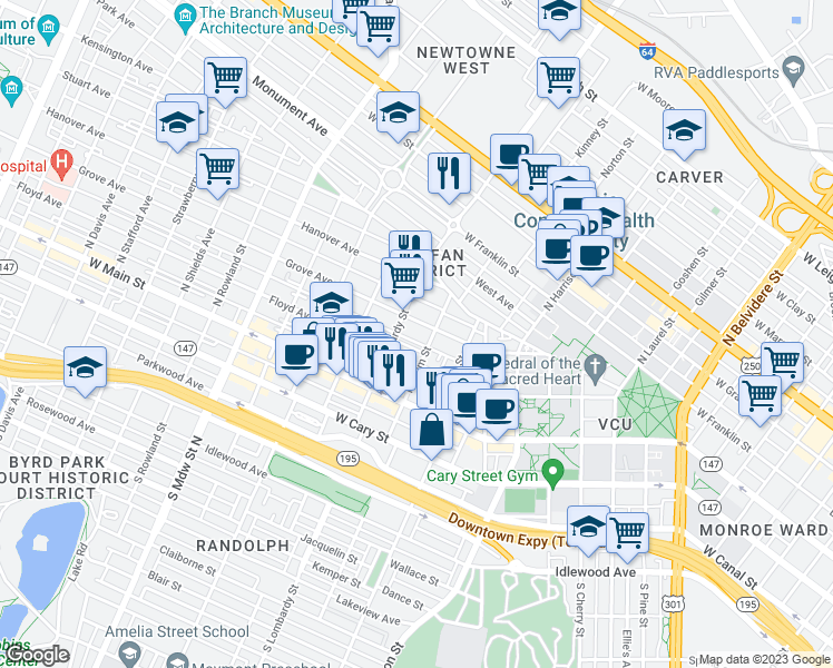 map of restaurants, bars, coffee shops, grocery stores, and more near 1502 Grove Avenue in Richmond