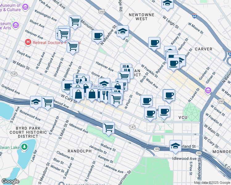 map of restaurants, bars, coffee shops, grocery stores, and more near 104 North Vine Street in Richmond