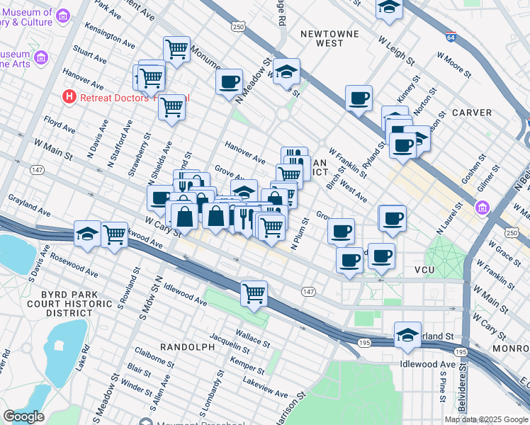 map of restaurants, bars, coffee shops, grocery stores, and more near 104 North Vine Street in Richmond
