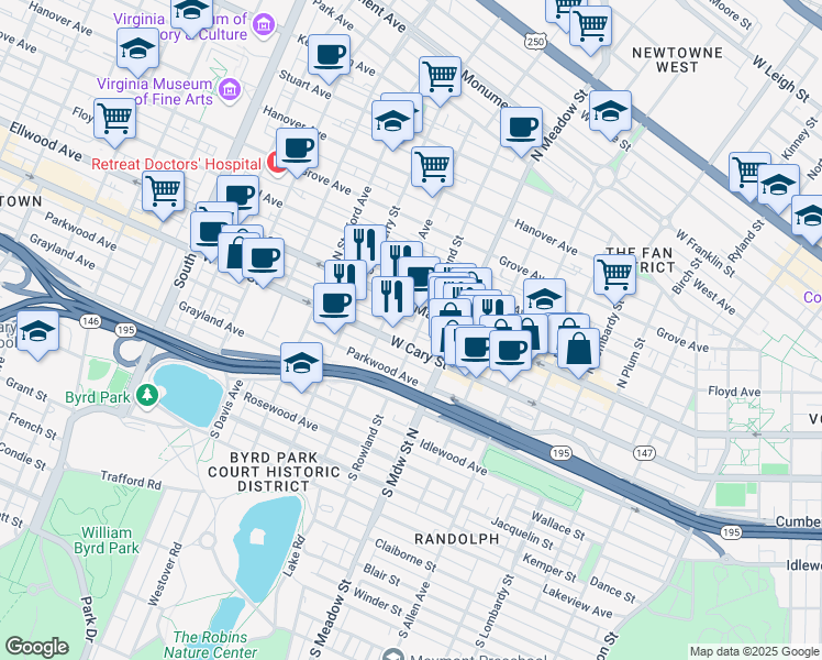 map of restaurants, bars, coffee shops, grocery stores, and more near 2105 West Main Street in Richmond