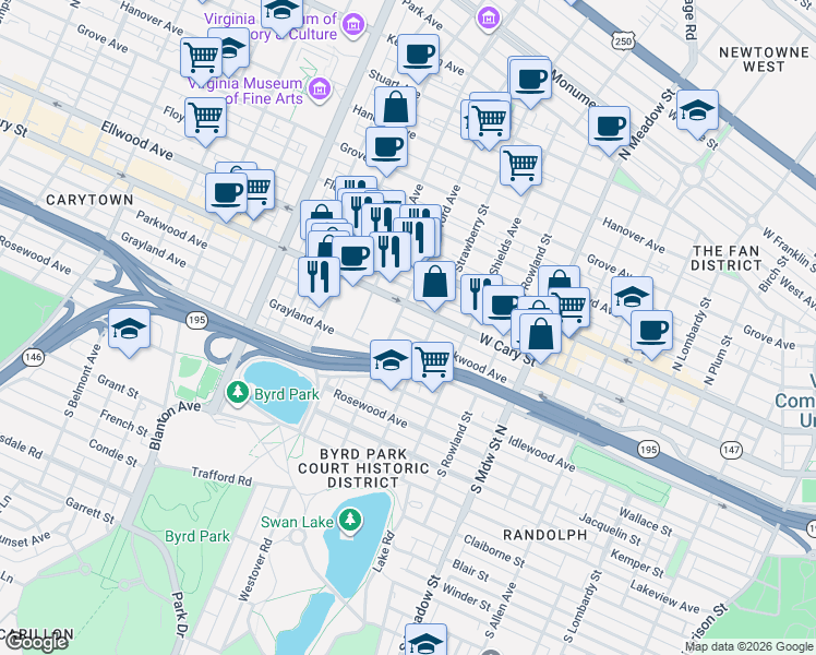 map of restaurants, bars, coffee shops, grocery stores, and more near 8 South Stafford Avenue in Richmond