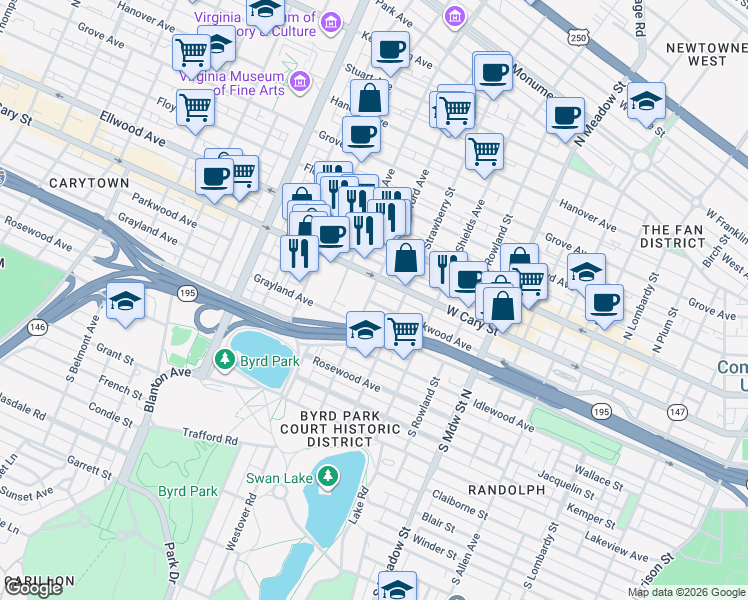map of restaurants, bars, coffee shops, grocery stores, and more near 8 South Stafford Avenue in Richmond