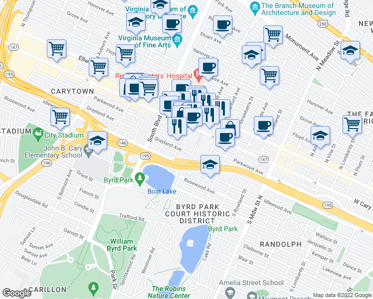map of restaurants, bars, coffee shops, grocery stores, and more near 200 South Davis Avenue in Richmond