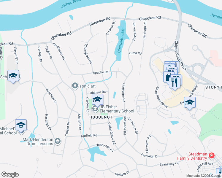 map of restaurants, bars, coffee shops, grocery stores, and more near 3911 Cedar Grove Road in Richmond