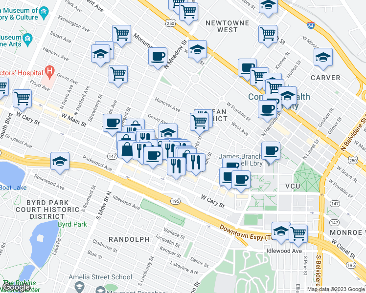 map of restaurants, bars, coffee shops, grocery stores, and more near 1620 Floyd Avenue in Richmond