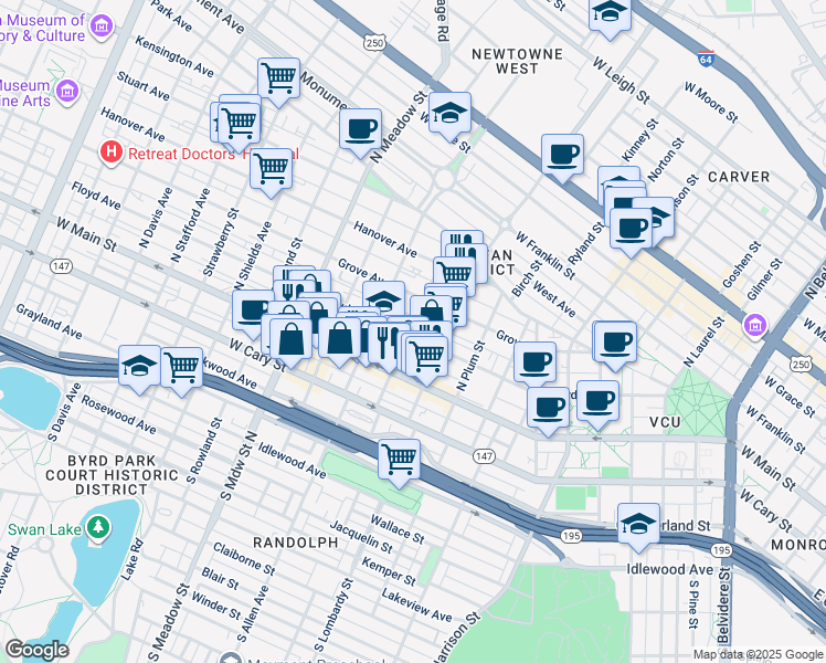 map of restaurants, bars, coffee shops, grocery stores, and more near 1624 Floyd Avenue in Richmond