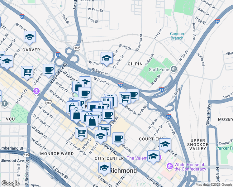 map of restaurants, bars, coffee shops, grocery stores, and more near 701 North 1st Street in Richmond