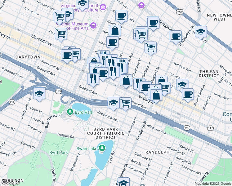 map of restaurants, bars, coffee shops, grocery stores, and more near 201 South Stafford Avenue in Richmond