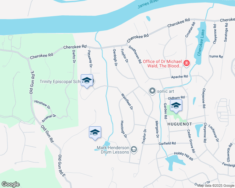 map of restaurants, bars, coffee shops, grocery stores, and more near 3912 Wainfleet Drive in Richmond