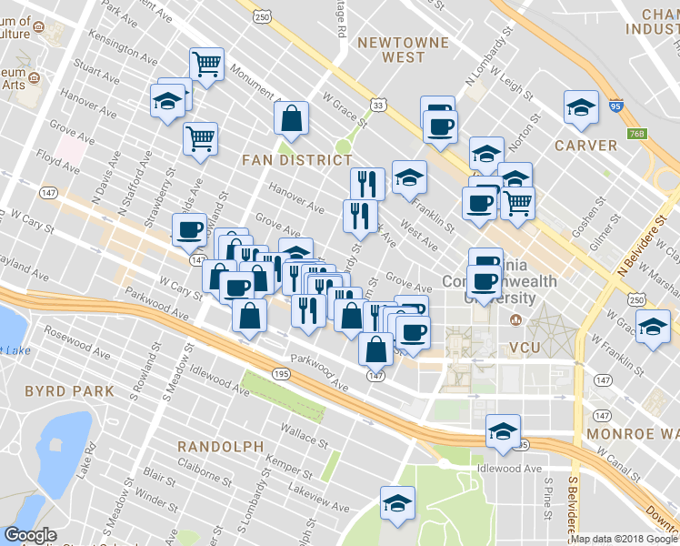 map of restaurants, bars, coffee shops, grocery stores, and more near 116 North Lombardy Street in Richmond