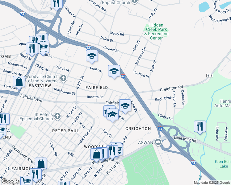 map of restaurants, bars, coffee shops, grocery stores, and more near 2603 Phaup Street in Richmond