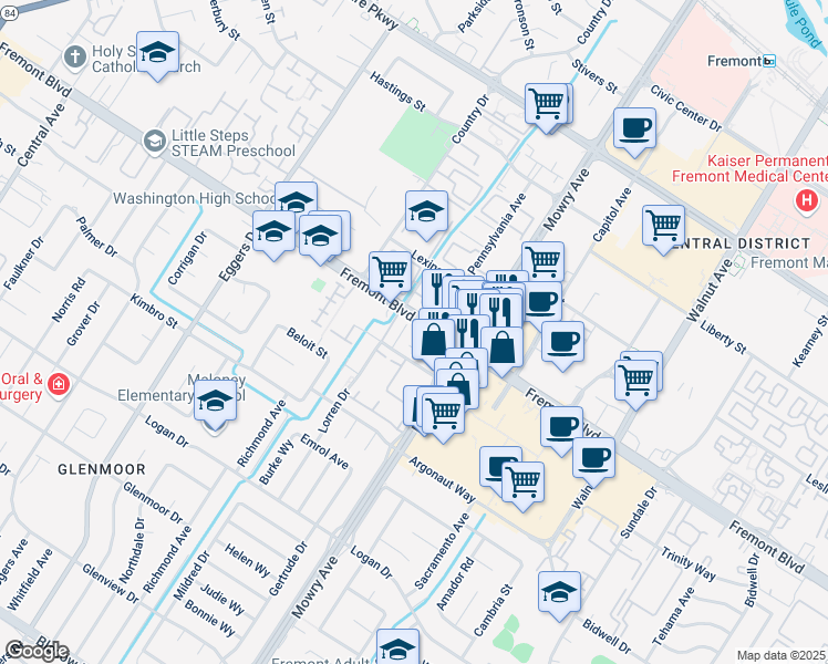 map of restaurants, bars, coffee shops, grocery stores, and more near 38763 Fremont Boulevard in Fremont