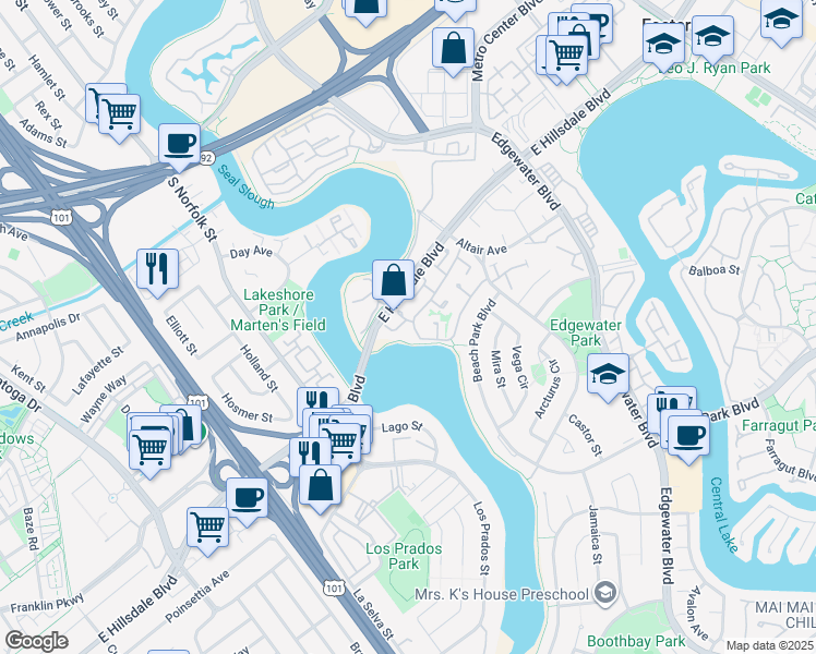 map of restaurants, bars, coffee shops, grocery stores, and more near 614 Aquarius Lane in Foster City