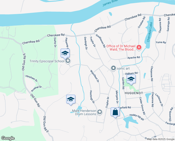 map of restaurants, bars, coffee shops, grocery stores, and more near 3912 Wainfleet Drive in Richmond