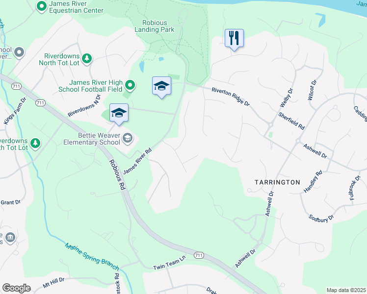 map of restaurants, bars, coffee shops, grocery stores, and more near 3607 Rivermist Terrace in Midlothian