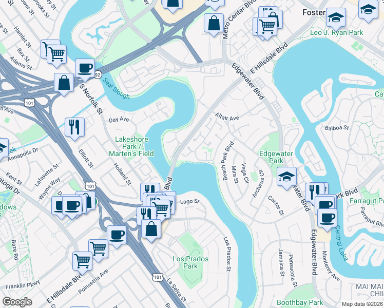 map of restaurants, bars, coffee shops, grocery stores, and more near 614 Aquarius Lane in Foster City