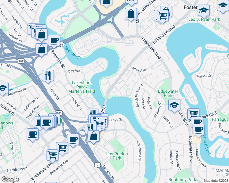 map of restaurants, bars, coffee shops, grocery stores, and more near 601 Aquarius Lane in Foster City