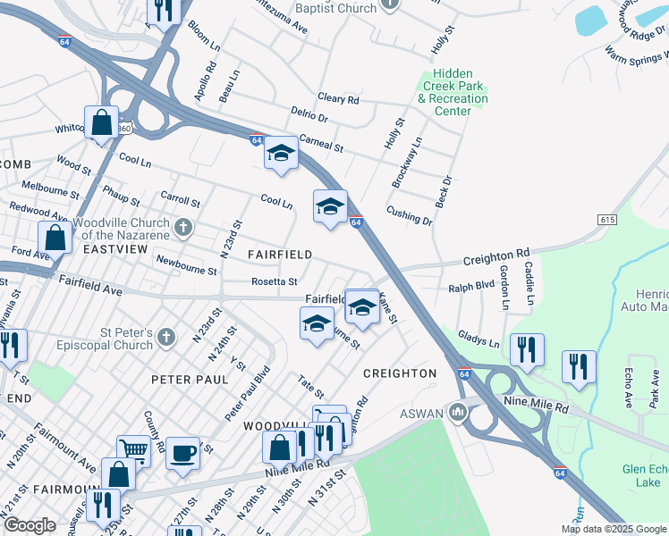 map of restaurants, bars, coffee shops, grocery stores, and more near 2603 Phaup Street in Richmond