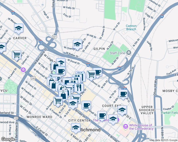 map of restaurants, bars, coffee shops, grocery stores, and more near 730 North 2nd Street in Richmond