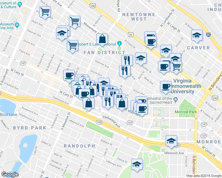 map of restaurants, bars, coffee shops, grocery stores, and more near 1624 Floyd Avenue in Richmond