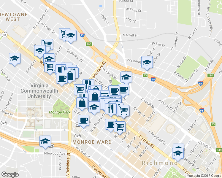 map of restaurants, bars, coffee shops, grocery stores, and more near in Richmond
