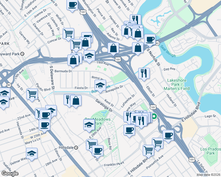 map of restaurants, bars, coffee shops, grocery stores, and more near 1079 Annapolis Drive in San Mateo