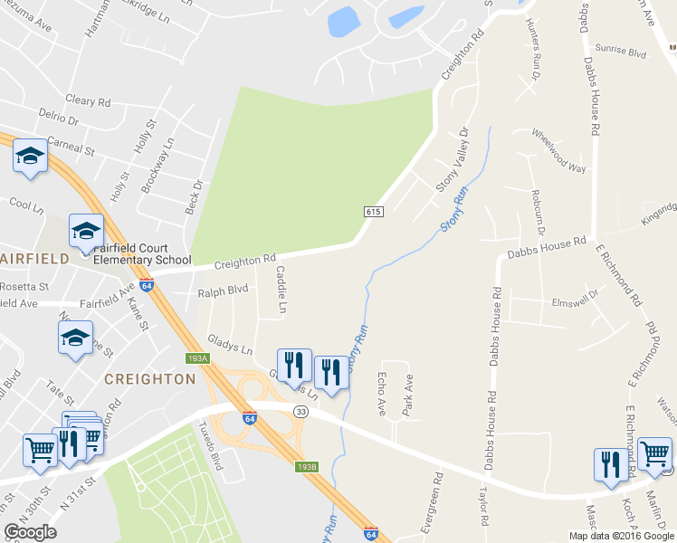 map of restaurants, bars, coffee shops, grocery stores, and more near 3067 Creighton Road in Richmond