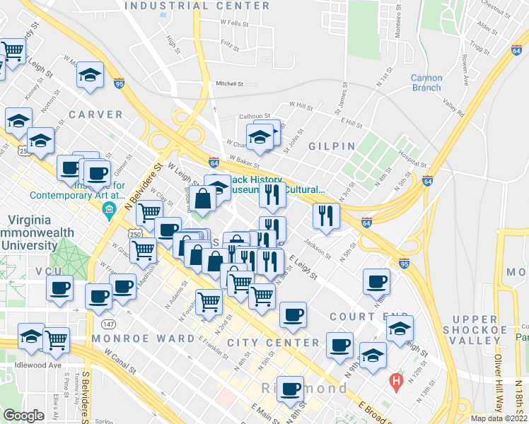 map of restaurants, bars, coffee shops, grocery stores, and more near 623 Saint James Street in Richmond