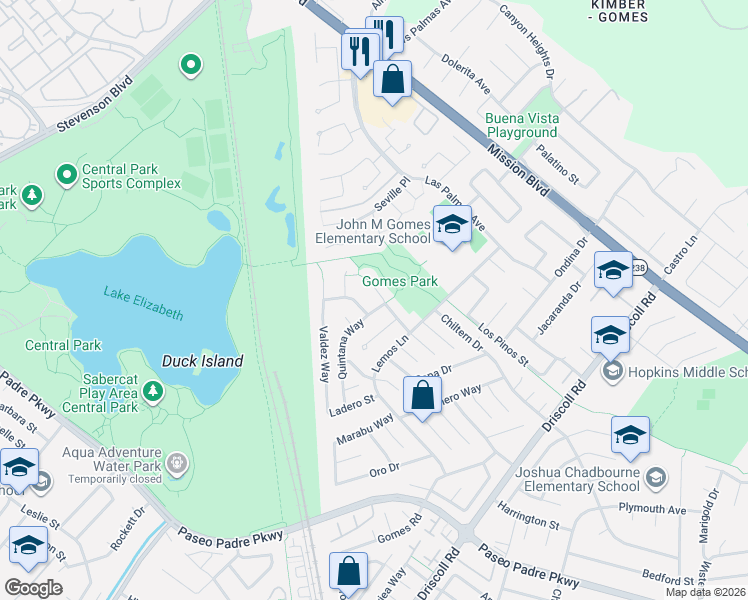map of restaurants, bars, coffee shops, grocery stores, and more near 40576 Ambar Place in Fremont