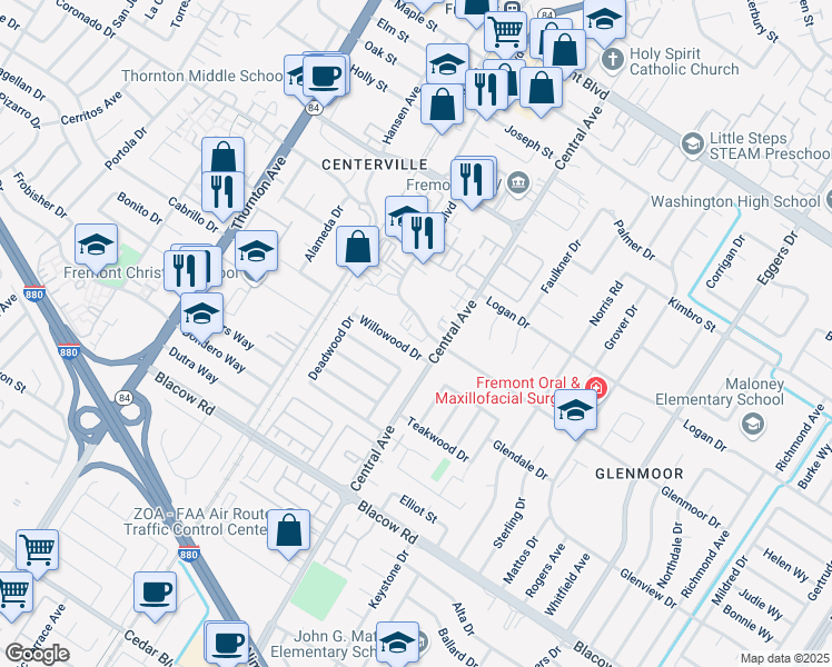 map of restaurants, bars, coffee shops, grocery stores, and more near 37527 Glenmoor Drive in Fremont
