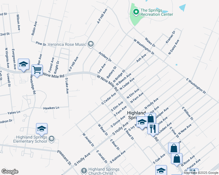 map of restaurants, bars, coffee shops, grocery stores, and more near 600 West 9 Mile Road in Highland Springs