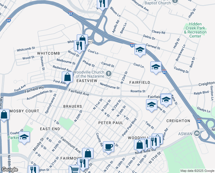 map of restaurants, bars, coffee shops, grocery stores, and more near 2014 Newbourne Street in Richmond