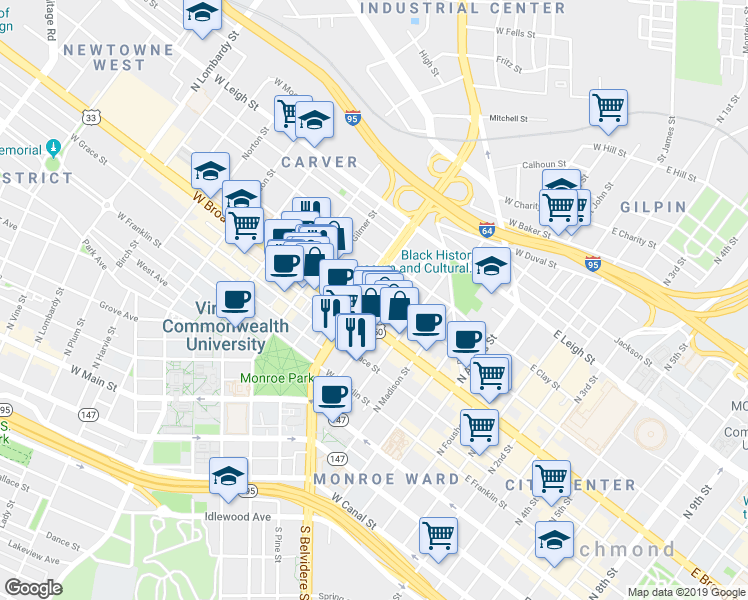 map of restaurants, bars, coffee shops, grocery stores, and more near 519 West Marshall Street in Richmond