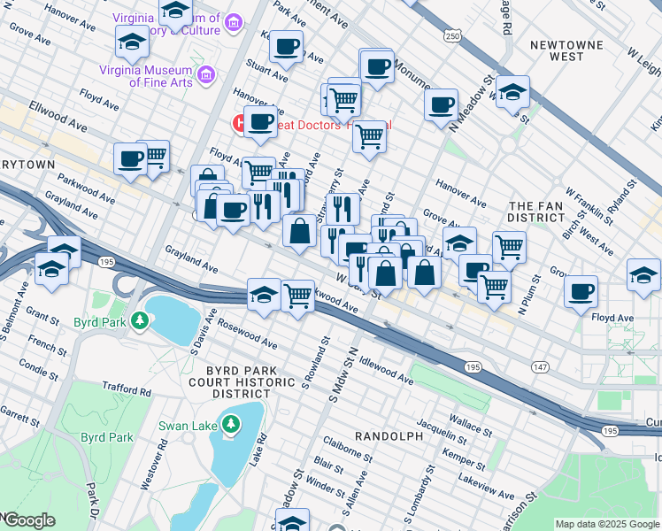map of restaurants, bars, coffee shops, grocery stores, and more near 12 South Shields Avenue in Richmond