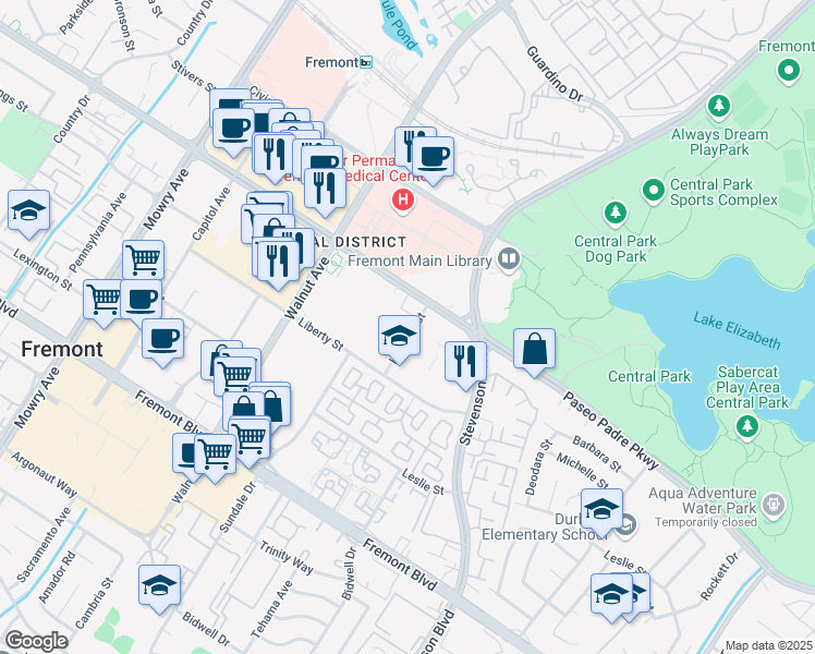 map of restaurants, bars, coffee shops, grocery stores, and more near 3155 Kearney Street in Fremont