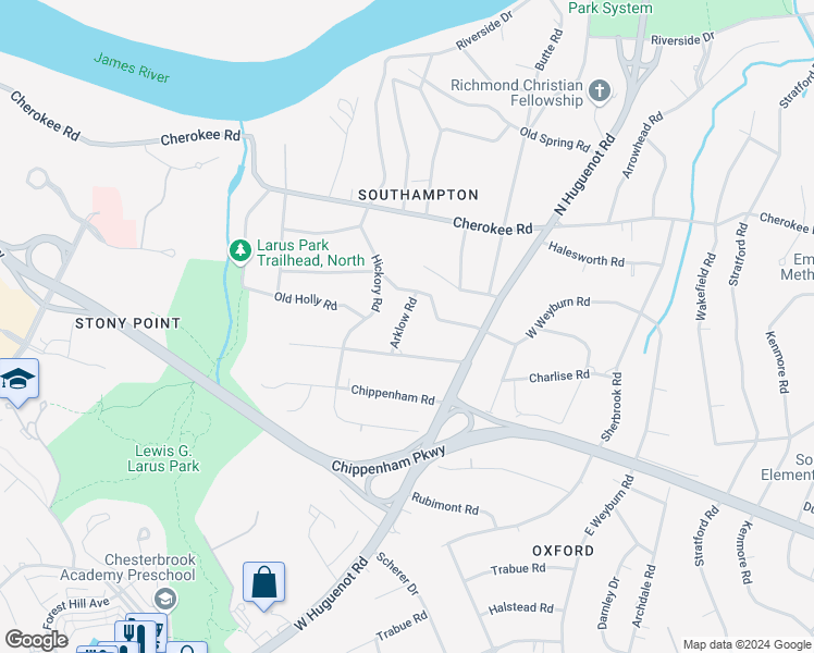 map of restaurants, bars, coffee shops, grocery stores, and more near 3829 Arklow Road in Richmond
