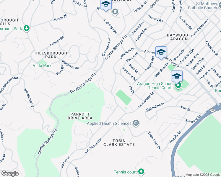 map of restaurants, bars, coffee shops, grocery stores, and more near 866 Parrott Drive in San Mateo