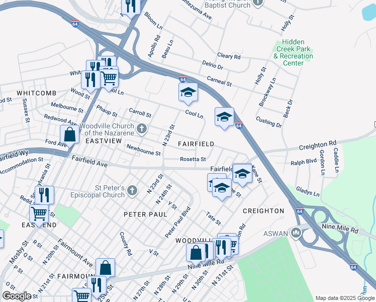map of restaurants, bars, coffee shops, grocery stores, and more near 2348 Selden Street in Richmond