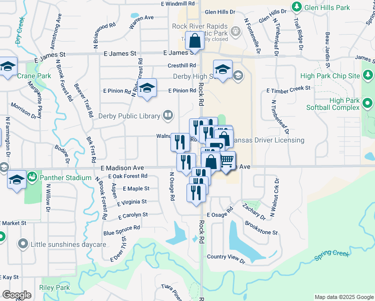 map of restaurants, bars, coffee shops, grocery stores, and more near 1709 Walnut Grove Road in Derby
