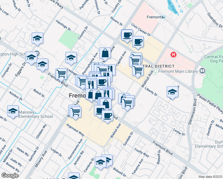 map of restaurants, bars, coffee shops, grocery stores, and more near 39185 State Street in Fremont