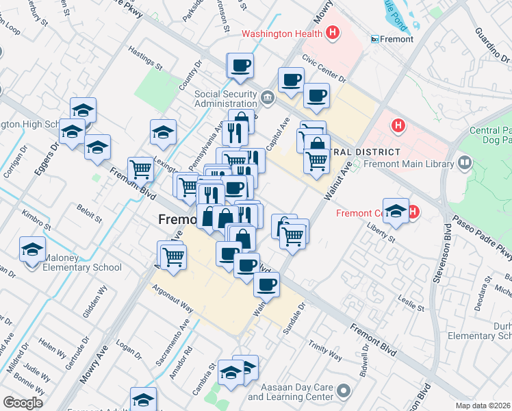 map of restaurants, bars, coffee shops, grocery stores, and more near in Fremont