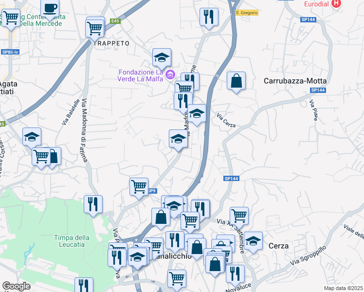 map of restaurants, bars, coffee shops, grocery stores, and more near 64 Via Madonna delle Lacrime in San Giovanni La Punta