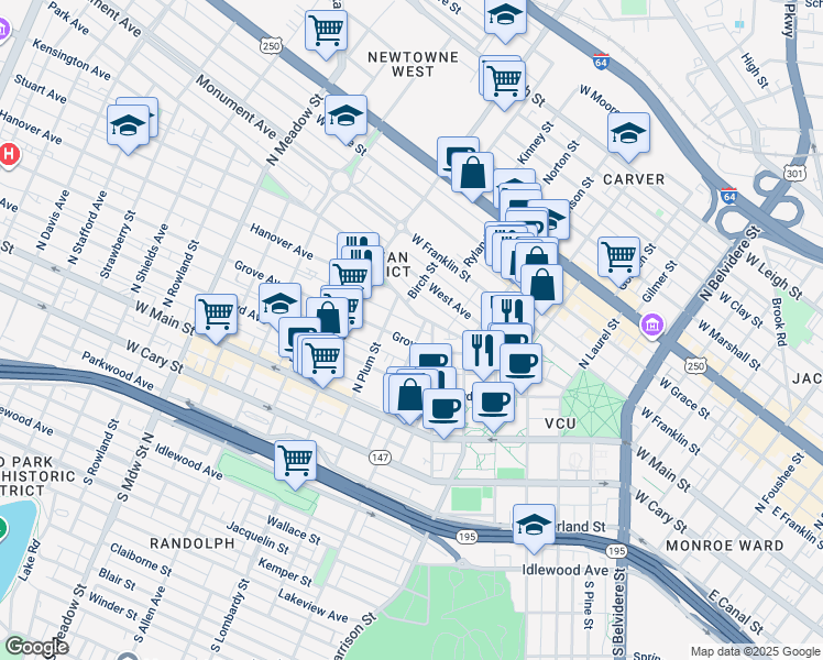 map of restaurants, bars, coffee shops, grocery stores, and more near 1400 Grove Avenue in Richmond
