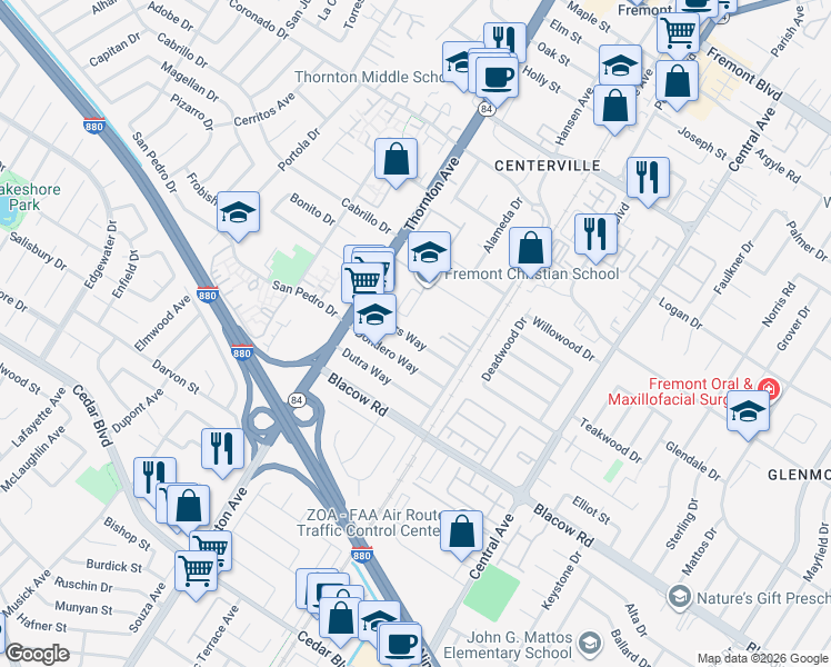 map of restaurants, bars, coffee shops, grocery stores, and more near 37156 Towers Way in Fremont