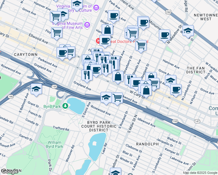 map of restaurants, bars, coffee shops, grocery stores, and more near 117 South Stafford Avenue in Richmond