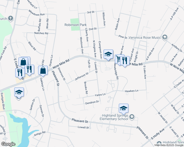 map of restaurants, bars, coffee shops, grocery stores, and more near 34 Taft Street in Richmond