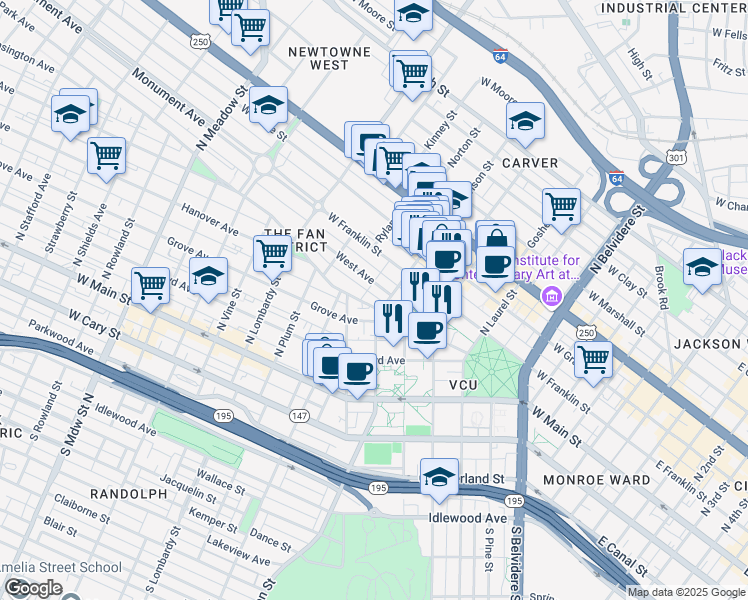 map of restaurants, bars, coffee shops, grocery stores, and more near 1006 Park Avenue in Richmond