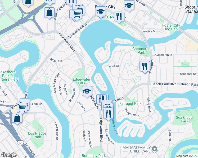map of restaurants, bars, coffee shops, grocery stores, and more near 857 Canis Lane in Foster City