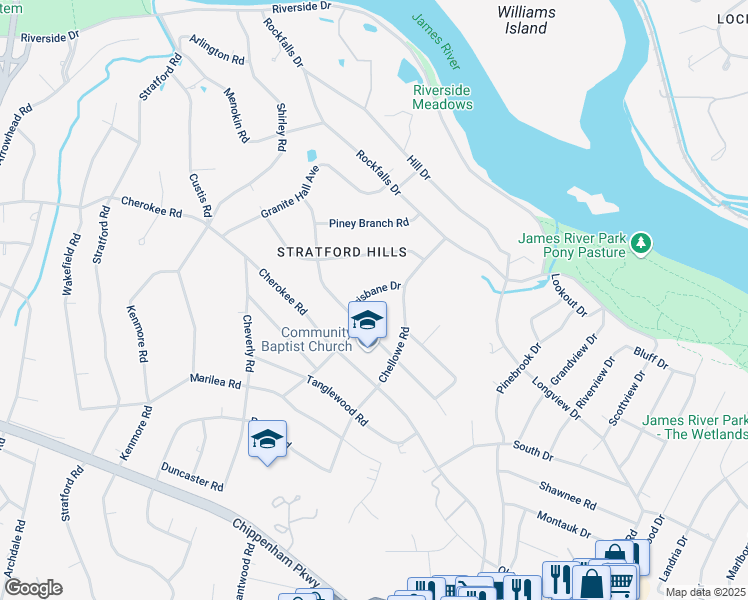 map of restaurants, bars, coffee shops, grocery stores, and more near 7528 Brisbane Drive in Richmond